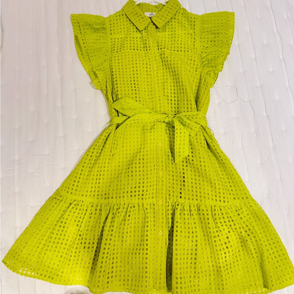 Entro brand windowpane short dress in chartreuse with adjustable belt.